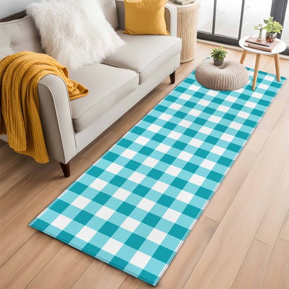 Area Rug 2x6ft Teal Blue White Plaid Lattice Area Rugs Washable Low Pile Floor Carpet for Bedroom, Abstract Gradient Line Non Slip Soft Rugs for Living Room Entryway Dining Room