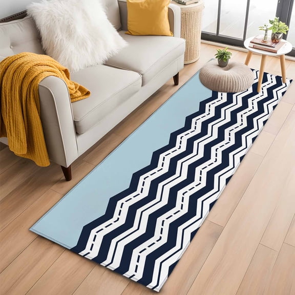 Area Rug 2x6ft Teal Navy Blue Waves Carpets Indoor Floor Area Mat Washable Entrance Mat Rugs for Living Room Dining Room Kitchen Bedroom, Chevron Stripe Sofa Throw Carpet