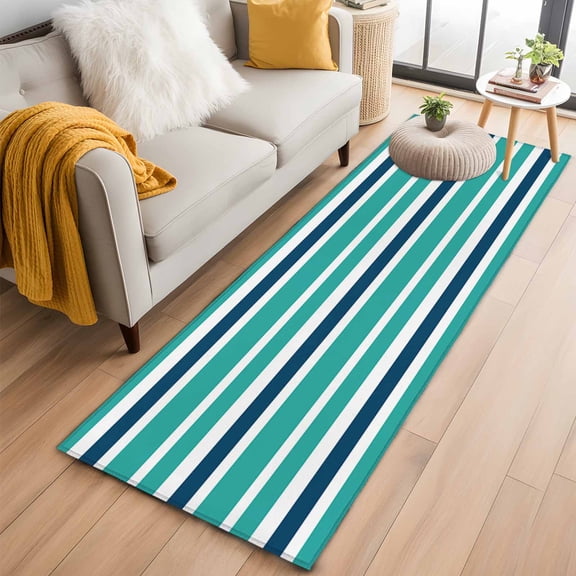 Area Rug 2x6ft Teal White Blue Stripes Area Rugs Washable Low Pile Floor Carpet for Bedroom, Nautical Army Style Non Slip Soft Rugs for Living Room Entryway Dining Room