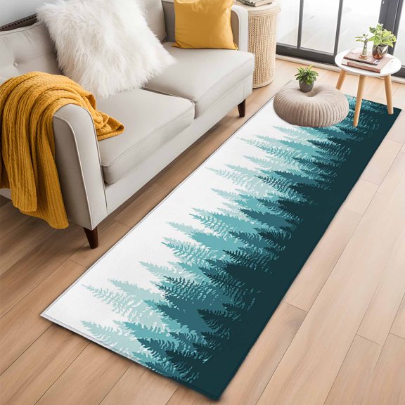 Area Rug 2x6ft Tree Forest Shadow Botanical Plants Area Rugs Washable Low Pile Floor Carpet for Bedroom, Teal Gradient on White Non Slip Soft Rugs for Living Room Entryway Dining Room