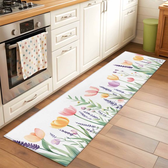 Area Rug 2x6ft Tulips Wildflower Washable Area Rugs for Living Room Floral Leaves Non-Slip Kitchen Mats Soft Carpet for Entryway, Bathroom, Office, and Home Decor