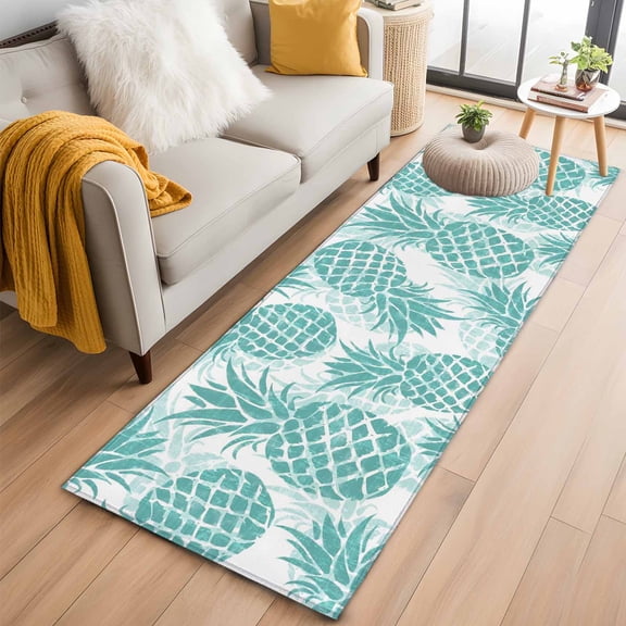 Area Rug 2x6ft Turquoise Pineapple Carpets Indoor Floor Area Mat Washable Entrance Mat Rugs for Living Room Dining Room Kitchen Bedroom, Summer Tropical Fruit Leaves Sofa Throw Carpet