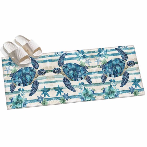 Area Rug 2x6ft Turtle Area Rugs for Kitchen Runner Rug Blue Stripes Ocean Starfish Non Slip Floor Carpet Mat for Kitchen Entryway Bathroom Office Home Decor