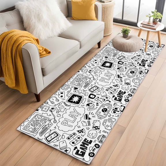 Area Rug 2x6ft Video Games Gaming Vintage Area Rugs Washable Low Pile Floor Carpet for Bedroom, Abstract Sketch Style Non Slip Soft Rugs for Living Room Entryway Dining Room