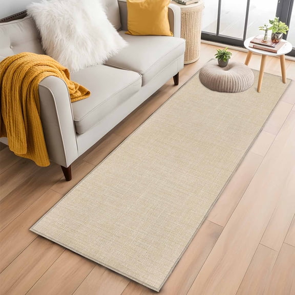 Area Rug 2x6ft Vintage Country Beige Linen Texture Area Rugs Washable Low Pile Floor Carpet for Bedroom, Farm Burlap Non Slip Soft Rugs for Living Room Entryway Dining Room
