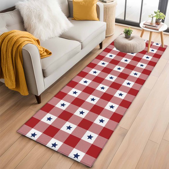 Area Rug 2x6ft Vintage Red White Buffalo Plaid Area Rugs Washable Low Pile Floor Carpet for Bedroom, Patriotic USA Stars Non Slip Soft Rugs for Living Room Entryway Dining Room