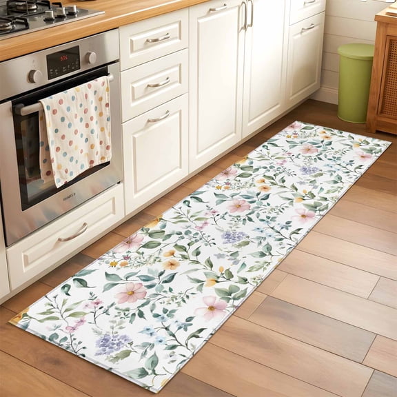 Area Rug 2x6ft Watercolor Flower Green Leaf Washable Area Rugs for Living Room Spring Plant Non-Slip Kitchen Mats Soft Carpet for Entryway, Bathroom, Office, and Home Decor