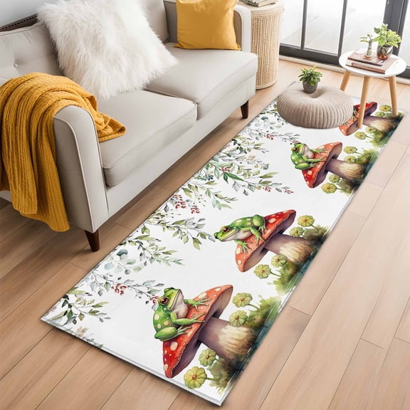 Area Rug 2x6ft Watercolor Frog on Mushroom Area Rugs Washable Low Pile Floor Carpet for Bedroom, Eucalyptus Leaf Floral on White Non Slip Soft Rugs for Living Room Entryway Dining Room