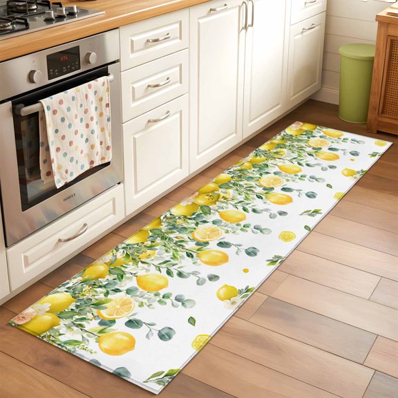 Area Rug 2x6ft Watercolor Green Leaves Yellow Leamon Washable Area Rugs for Living Room Flowers Fruit Non-Slip Kitchen Mats Soft Carpet for Entryway, Bathroom, Office, and Home Decor