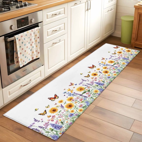 Area Rug 2x6ft Watercolor Scenery Washable Area Rugs for Living Room Butterfly Flower Non-Slip Kitchen Mats Soft Carpet for Entryway, Bathroom, Office, and Home Decor