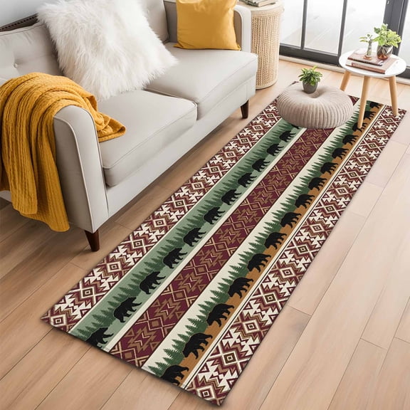 Area Rug 2x6ft Western Farmhouse Tribal Pattern Area Rugs Washable Low Pile Floor Carpet for Bedroom, Bear Silhouette Non Slip Soft Rugs for Living Room Entryway Dining Room