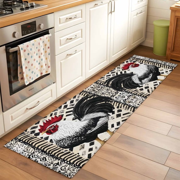 Area Rug 2x6ft White Black Rooster Flowers Washable Area Rugs for ...