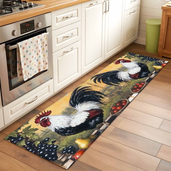 Area Rug 2x6ft White Black Rooster Fruit Trees Washable Area Rugs for Living Room Oil Painting Non-Slip Kitchen Mats Soft Carpet for Entryway, Bathroom, Office, and Home Decor
