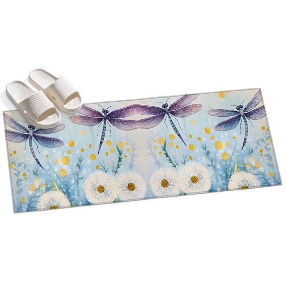 Area Rug 2x6ft White Dandelions Area Rugs for Kitchen Runner Rug Purple Dragonflies Non Slip Floor Carpet Mat for Kitchen Entryway Bathroom Office Home Decor