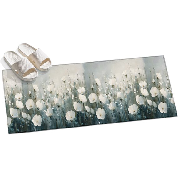 Area Rug 2x6ft White Flowers Blue Leaf Area Rugs for Kitchen Runner Rug Oil Painting Non Slip Floor Carpet Mat for Kitchen Entryway Bathroom Office Home Decor