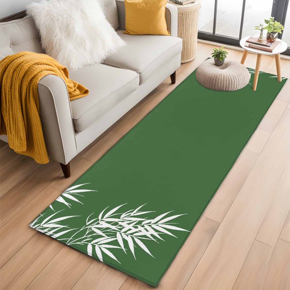 Area Rug 2x6ft White Leaf on Green Area Rugs Washable Low Pile Floor Carpet for Bedroom, Japanese Style Botanical Theme Non Slip Soft Rugs for Living Room Entryway Dining Room