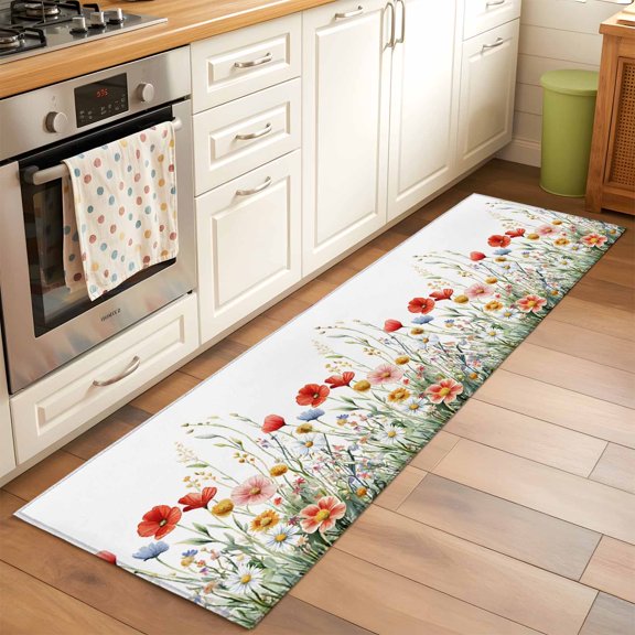 Area Rug 2x6ft Wildflowers Washable Area Rugs for Living Room Poppy Flower Spring Plant Non-Slip Kitchen Mats Soft Carpet for Entryway, Bathroom, Office, and Home Decor