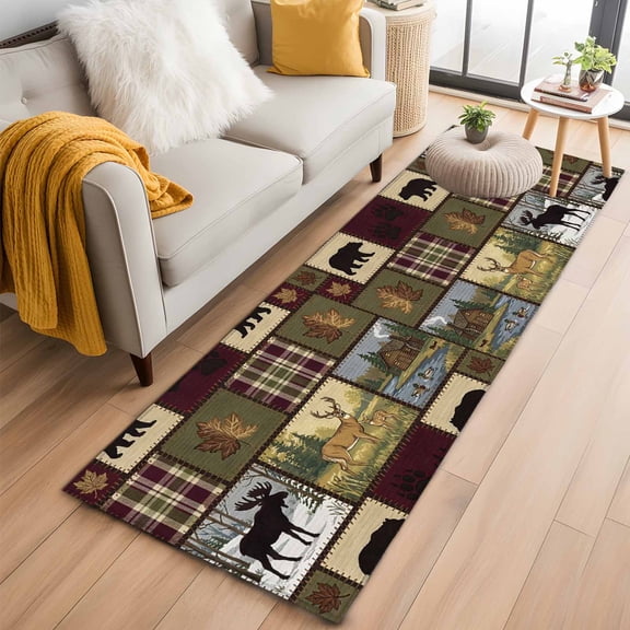 Area Rug 2x6ft Wildlife Moose Deer Bear Silhouettes Area Rugs Washable Low Pile Floor Carpet for Bedroom, Animal Plaid Non Slip Soft Rugs for Living Room Entryway Dining Room