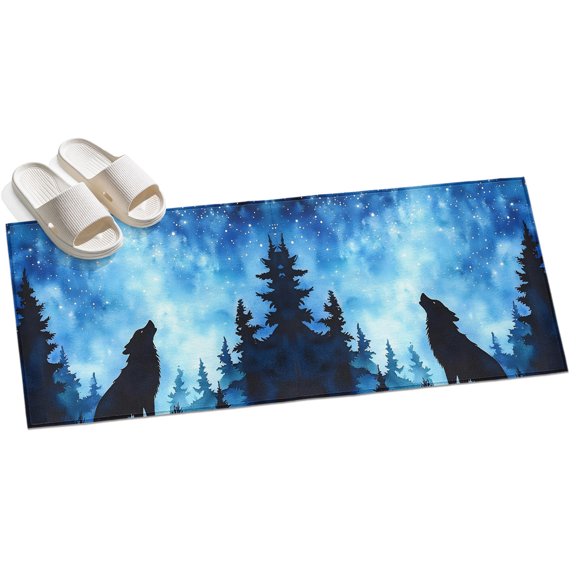 Area Rug 2x6ft Wolf Forest Area Rugs for Kitchen Runner Rug Blue Starry Night Non Slip Floor Carpet Mat for Kitchen Entryway Bathroom Office Home Decor