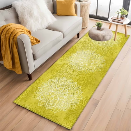 Area Rug 2x6ft Yellow Boho Floral Carpets Indoor Floor Area Mat Washable Entrance Mat Rugs for Living Room Dining Room Kitchen Bedroom, Bohemian Flower Sofa Throw Carpet