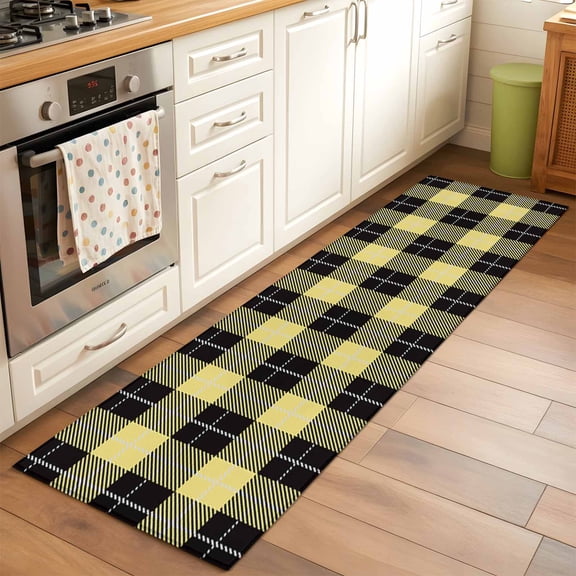 Area Rug 2x6ft Yellow Check Plaid Washable Area Rugs for Living Room Geometric Pattern Non-Slip Kitchen Mats Soft Carpet for Entryway, Bathroom, Office, and Home Decor