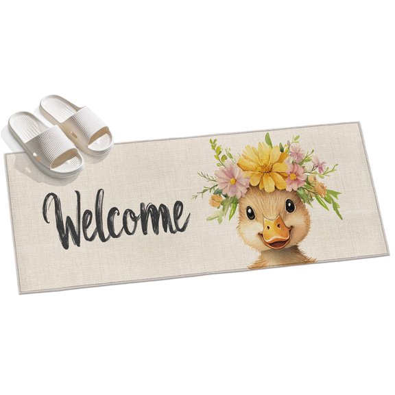 Area Rug 2x6ft Yellow Duck Area Rugs for Kitchen Runner Rug Flower Wreath Non Slip Floor Carpet Mat for Kitchen Entryway Bathroom Office Home Decor