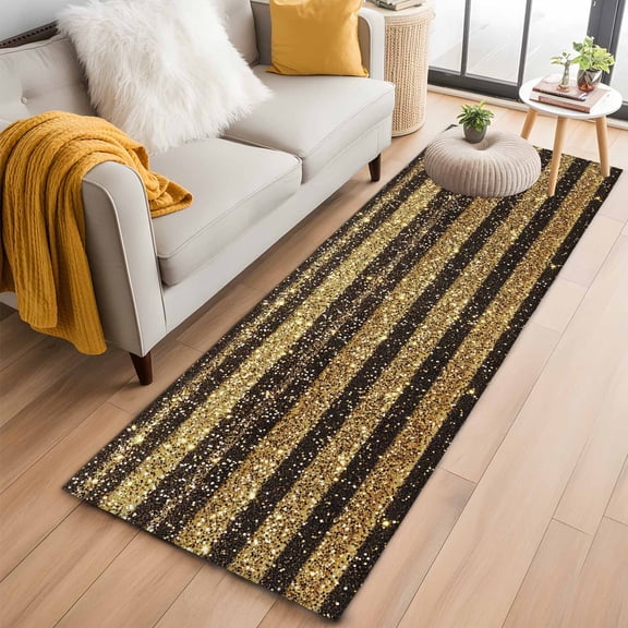 Area Rug 2x6ft Yellow Gold Glitter Black Stripes Area Rugs Washable Low Pile Floor Carpet for Bedroom, Vertical Lines Non Slip Soft Rugs for Living Room Entryway Dining Room