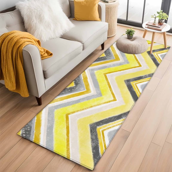 Area Rug 2x6ft Yellow Gray Gradient Zigzag Stripe Area Rugs Washable Low Pile Floor Carpet for Bedroom, Nordic Style Abstract Art Non Slip Soft Rugs for Living Room Entryway Dining Room