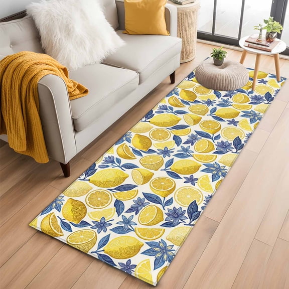 Area Rug 2x6ft Yellow Lemon Slice Carpets Indoor Floor Area Mat Washable Entrance Mat Rugs for Living Room Dining Room Kitchen Bedroom, Fruit Blue Flower Leaves Sofa Throw Carpet