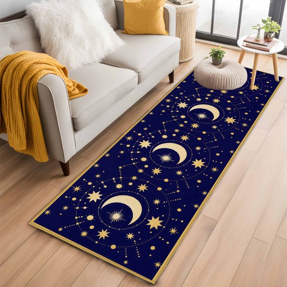 Area Rug 2x6ft Yellow Moon Star Area Rugs Washable Low Pile Floor Carpet for Bedroom, Abstract Polka Dot on Dark Blue Non Slip Soft Rugs for Living Room Entryway Dining Room