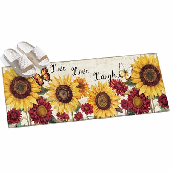 Area Rug 2x6ft Yellow Red Sunflower Butterfly Area Rugs for Kitchen Runner Rug Floral Retro Non Slip Floor Carpet Mat for Kitchen Entryway Bathroom Office Home Decor
