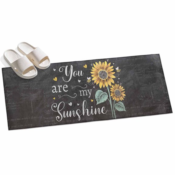 Area Rug 2x6ft Yellow Sunflower Leaves Area Rugs for Kitchen Runner Rug Plant Floral Black Non Slip Floor Carpet Mat for Kitchen Entryway Bathroom Office Home Decor