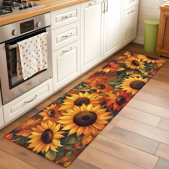 Area Rug 2x6ft Yellow Sunflower Washable Area Rugs for Living Room Watercolor Floral Leaf Non-Slip Kitchen Mats Soft Carpet for Entryway, Bathroom, Office, and Home Decor