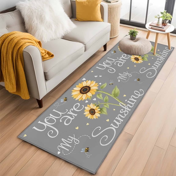Area Rug 2x6ft You Are My Sunshine Carpets Indoor Floor Area Mat Washable Entrance Mat Rugs for Living Room Dining Room Kitchen Bedroom, Sunflower Bee Gray Sofa Throw Carpet