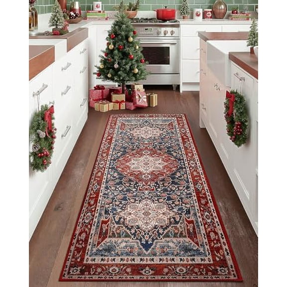Area Rug 2x7, Machine Washable Hallway Runner Rug, Boho Floral Vintage Distress Print Pattern Carpet, Low Pile Lightweight Thin Rugs for Entryway, Kitchen and Corridor, Red