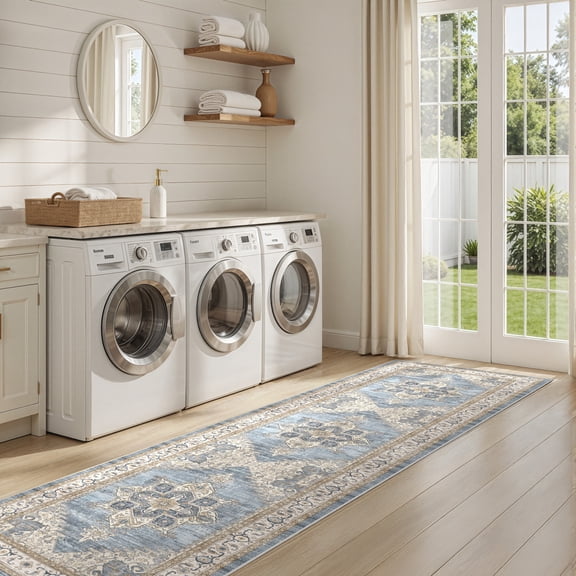 Toyoso 2x8 Traditional Heritage Area Rug, Long Runner Silicone Floor Mat, Machine Washable Vintage Hallway Rug with Non Slip Backing, 0.25 inch Low Pile Stain Resistant Carpet, Light Blue