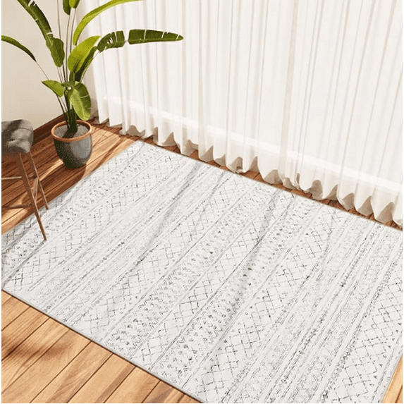 Area Rug - 3*5 Ultra-Thin Washable Rug, Moroccan Living Room Rug, Boho Rug Geometric, Non-Slip Non-Shedding Carpet for Kitchen Bedroom Black