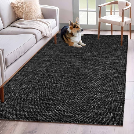 Area Rug 3'x5', Black Burlap Texture Non-slip Runner Rug Carpet for Bedside, Farmhouse Vintage Black Washable Outdoor Indoor Area Rugs Mat for Entryway/Living Room/Bedroom/Kitchen/Office