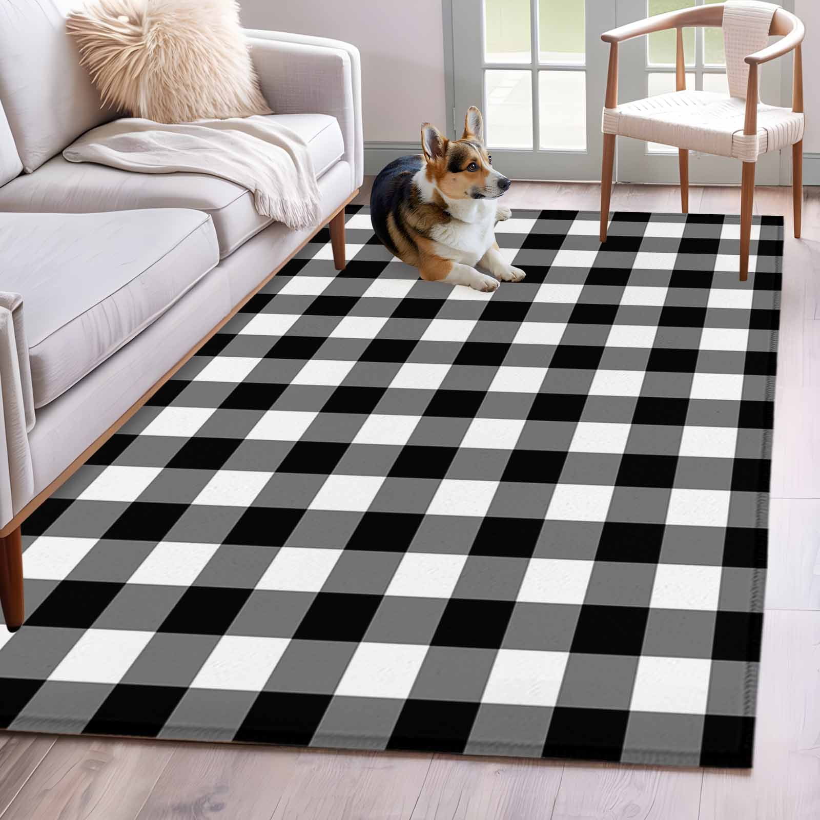 Area Rug 3'x5', Black White Plaid Non-slip Runner Rug Carpet for Bedside, Gradient Geometric Buffalo Checkered Washable Outdoor Indoor Area Rugs Mat for Entryway/Living Room/Bedroom/Kitchen/Office