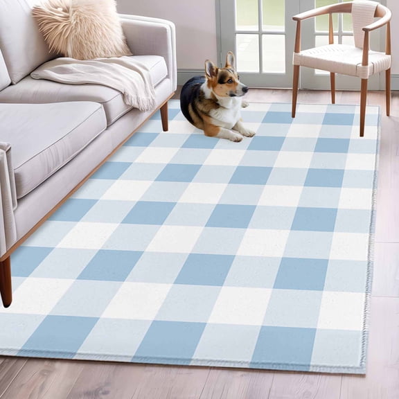 Area Rug 3'x5', Blue Checkered Non-slip Runner Rug Carpet for Bedside, Blue White Buffalo Plaid Washable Outdoor Indoor Area Rugs Mat for Entryway/Living Room/Bedroom/Kitchen/Office