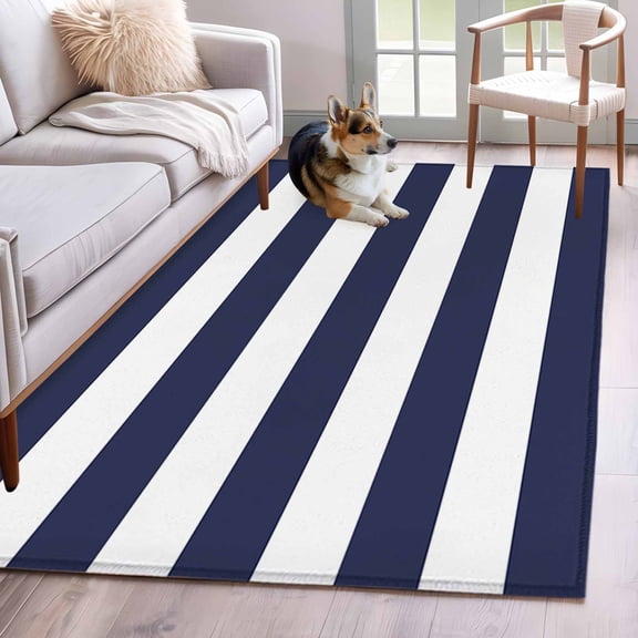 Area Rug 3'x5', Blue Stripes Non-slip Runner Rug Carpet for Bedside, Simple Blue White Texture Washable Outdoor Indoor Area Rugs Mat for Entryway/Living Room/Bedroom/Kitchen/Office