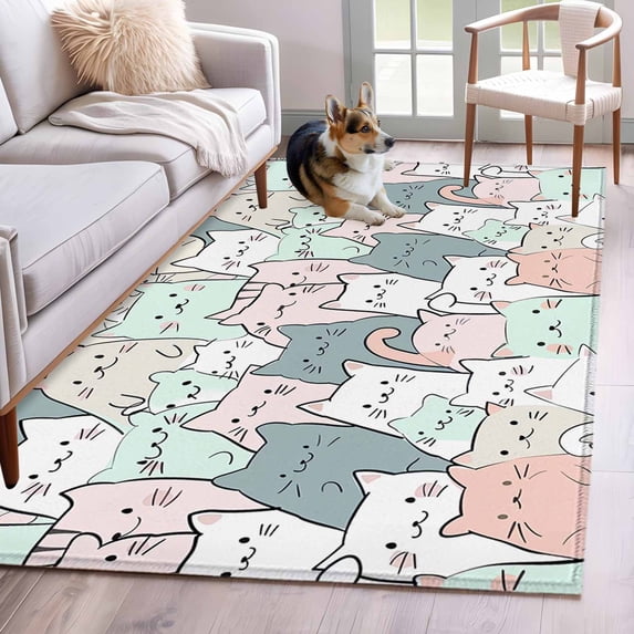 Area Rug 3'x5', Cartoon Cat Non-slip Runner Rug Carpet for Bedside, Funny Cute Colorful Animal Pet Washable Outdoor Indoor Area Rugs Mat for Entryway/Living Room/Bedroom/Kitchen/Office