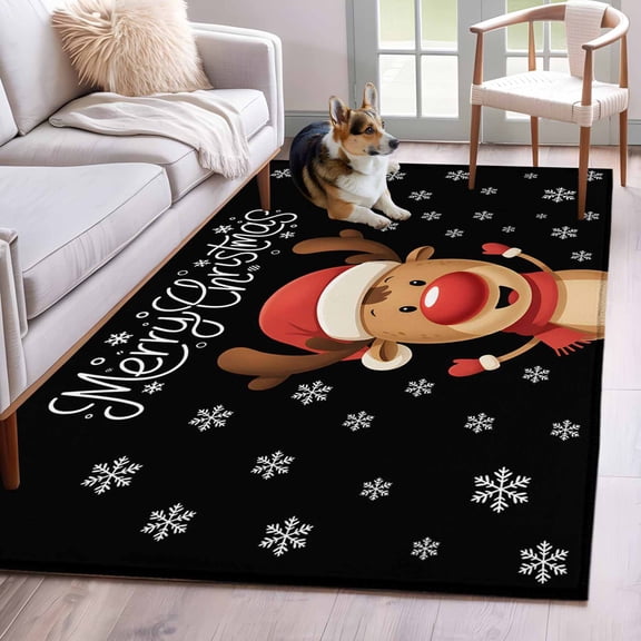 Area Rug 3'x5', Merry Christmas Non-slip Runner Rug Carpet for Bedside, Winter Cartoon Xmas Deer Snowflake Washable Outdoor Indoor Area Rugs Mat for Entryway/Living Room/Bedroom/Kitchen/Office