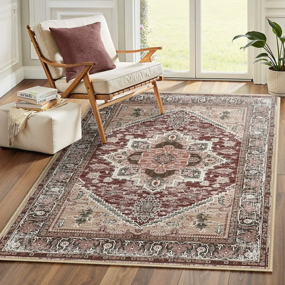Newburos Area Rug 3'x5', Non-Slip Machine Washable Rugs for Living Room Bedroom, Low Pile Soft Vintage Print Pattern Indoor Carpet, Burgundy
