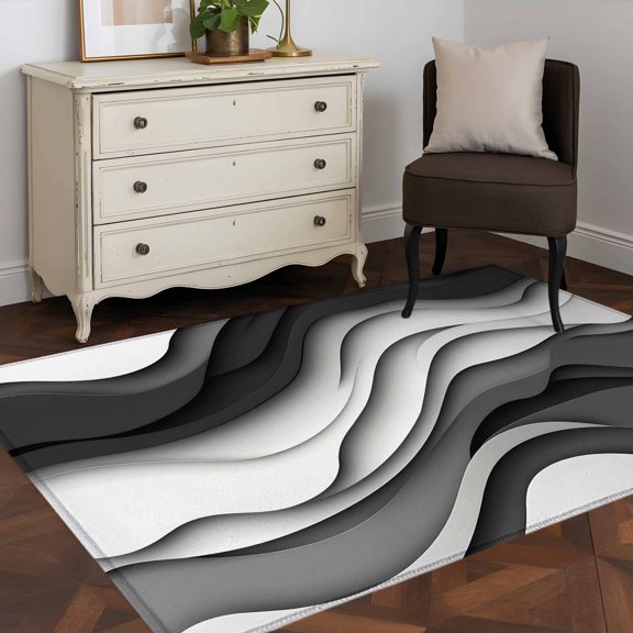 Area Rug 36×60in, Abstract Grey White Black Waves Floor Carpet Living Room Rug, Gradient Line Non-Slip Welcome Mat Indoor Rugs for Bedroom Dining Room
