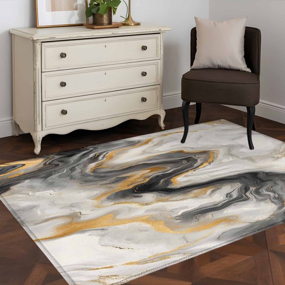 Area Rug 36×60in, Abstract Modern Marble Agate Floor Carpet Living Room Rug, White Gray Gold Stone Texture Non-Slip Welcome Mat Indoor Rugs for Bedroom Dining Room