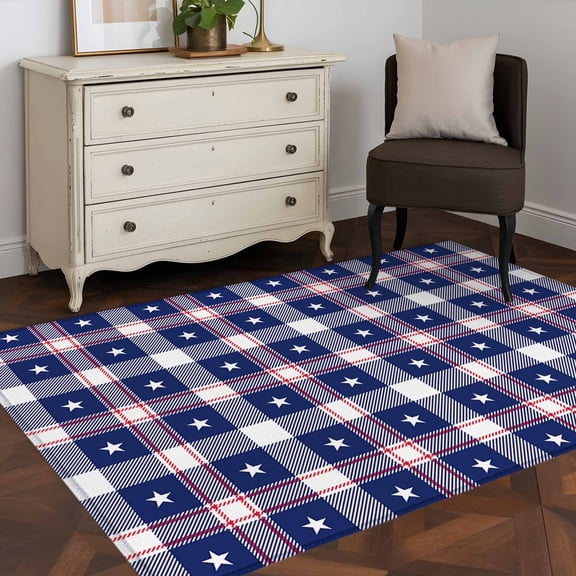 Area Rug 36×60in, American National Flag Day Floor Carpet Living Room Rug, USA Stars Buffalo Checkered Non-Slip Welcome Mat Indoor Rugs for Bedroom Dining Room