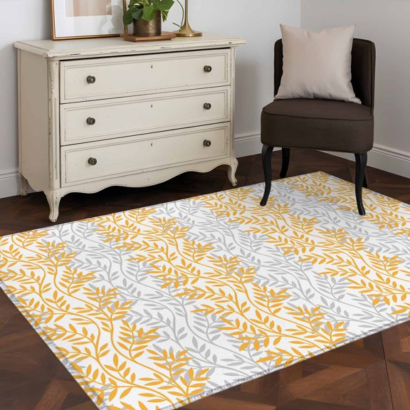 Area Rug 36×60in, Botanical Leaves Sketch Texture on White Floor Carpet Living Room Rug, Seamless Orange Gray Foliage Non-Slip Welcome Mat Indoor Rugs for Bedroom Dining Room