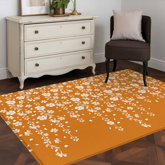 Area Rug 36×60in, Fall Flower Leaves Vines on Orange Floor Carpet Living Room Rug, Autumn Falling Leaf Petal Non-Slip Welcome Mat Indoor Rugs for Bedroom Dining Room