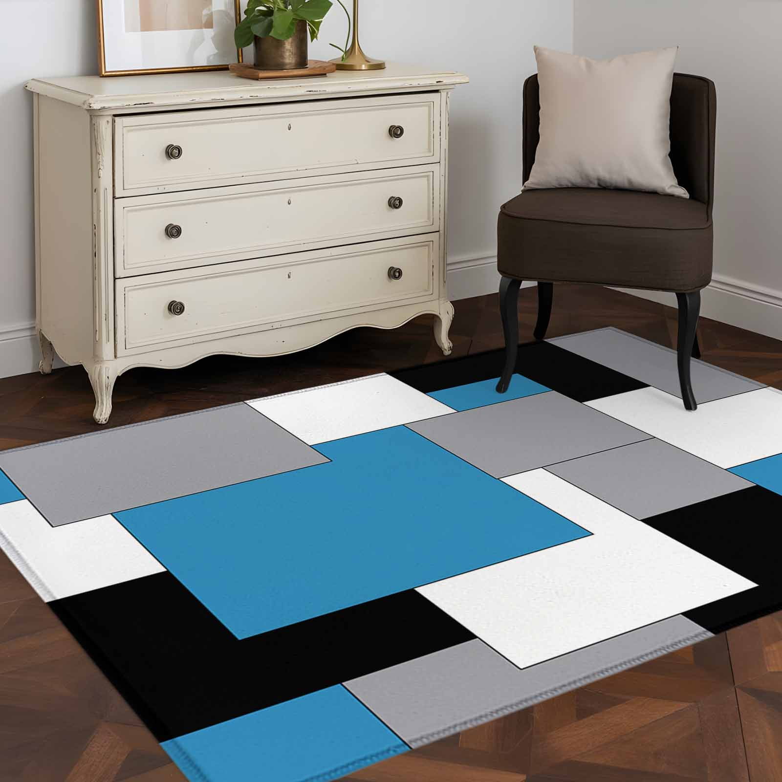Area Rug 36×60in, Geometric Color Block Blue Grey White Plaid Floor ...
